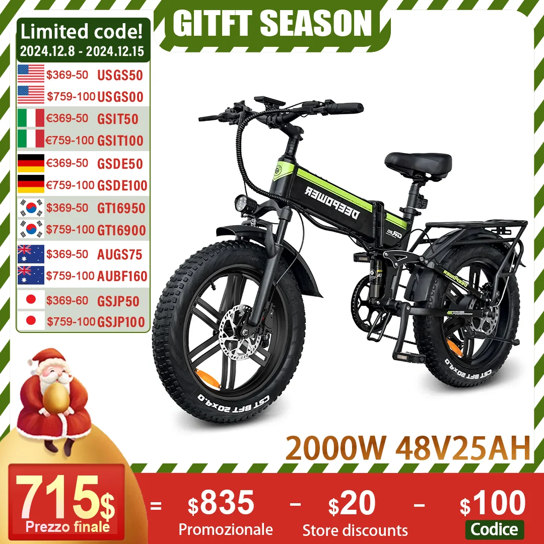 ZPW Adults Electric Bicycle H20Pro EBike Panasonic Battery 48V 25AH 2000W 20 inch Fat Folding Mountain Snow Motorcycles