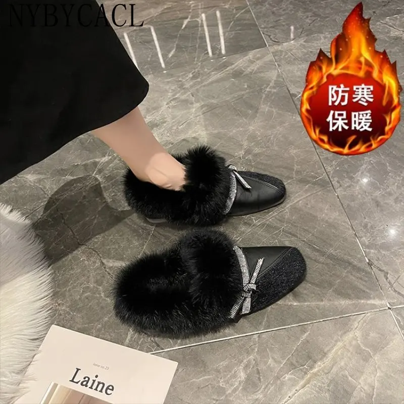 Winter Patchwork square toe fur shoes women fluffy plush flats add cashmere moccasins retro warm rabbit fur loafers woman 2023