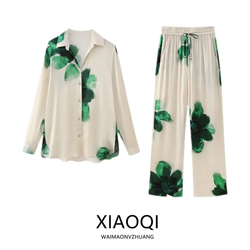 

Loose Women's irt And Pants Set 2024 New Sle Floral Print Viscose Spring Spwear Long Sve irt Thin Pants