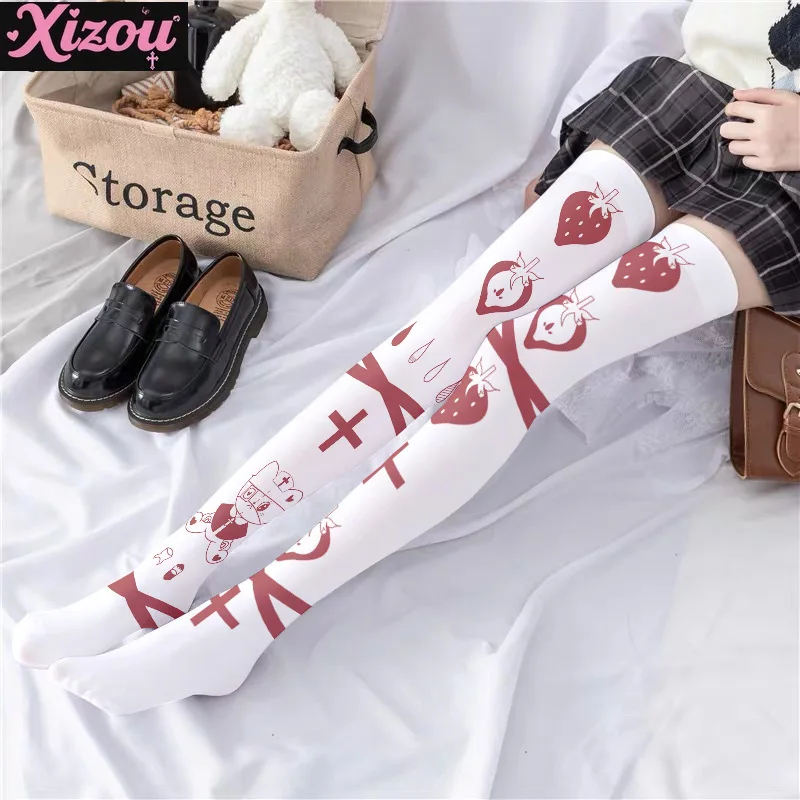 Japanese Yabi y2k printed stockings thin women's spring autumn Lolita cute sweet anime kneee-length white velvet socks female