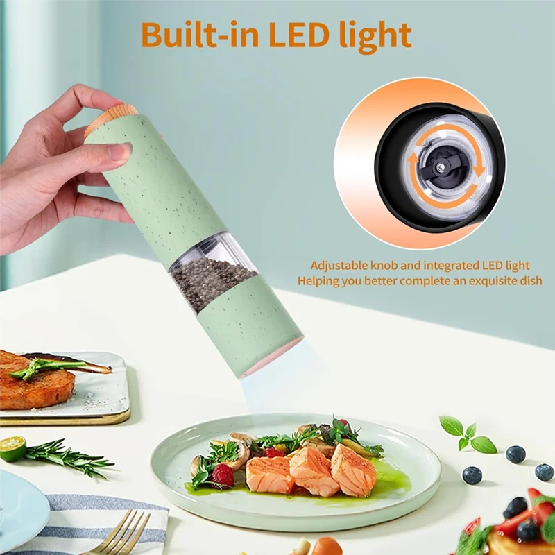 

NEW-2PCS Electric Salt And Pepper Grinder Automatic Operation With Adjustable Coarseness Battery Powered LED Light