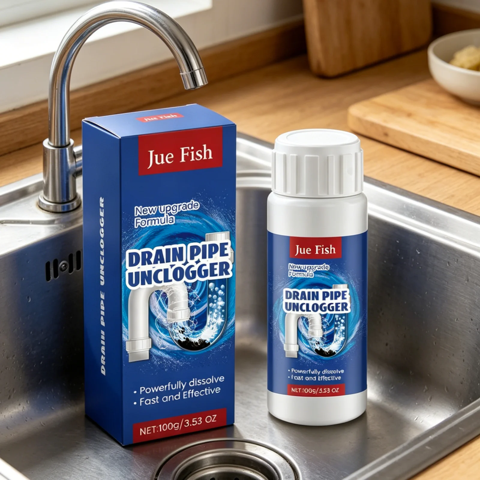Jue Fish Drain Cleaner Odor Eliminator Deodorize Grease Dissolver Effective Decontamination Household Powerful Sink Cleaner 100g