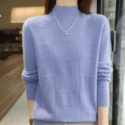 Autumn/Winter New Women's Sweater Half High Collar T Hooded Long Sleeve 100% Pure Wool Sweater Knitted Sweater Loose Bottom Coat