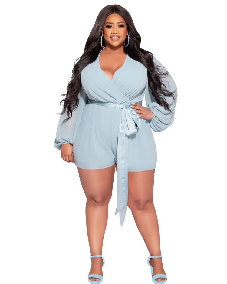 Plus Size Women Bodysuit Fashion Solid Color Chiffon Sexy Short Jumpsuit with Belt V Neck Long Sleeves Casual Shorts Rompers