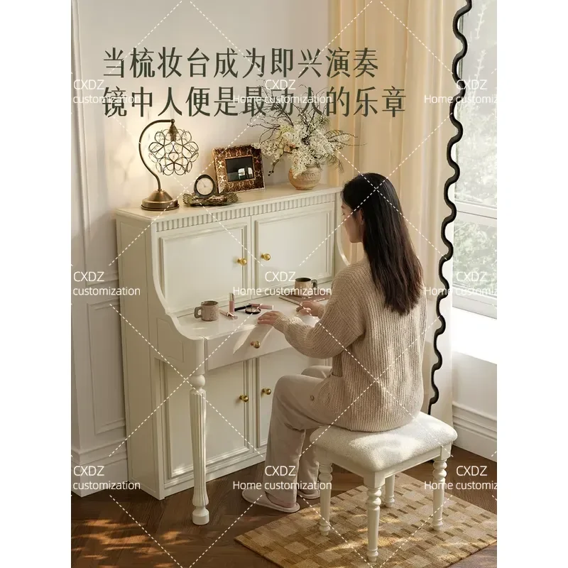 White Solid Wood Dresser with Mirror Cream Style Makeup Table for Bedroom Small Apartment Nightstand Storage Cabinet