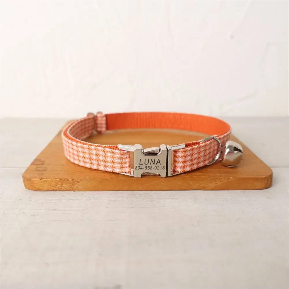 

Personalized Cat Collar with Free Engraving, Matching Pet Leash,Customzied Contacts Metal Buckle, Orange Plaid Pet Collar