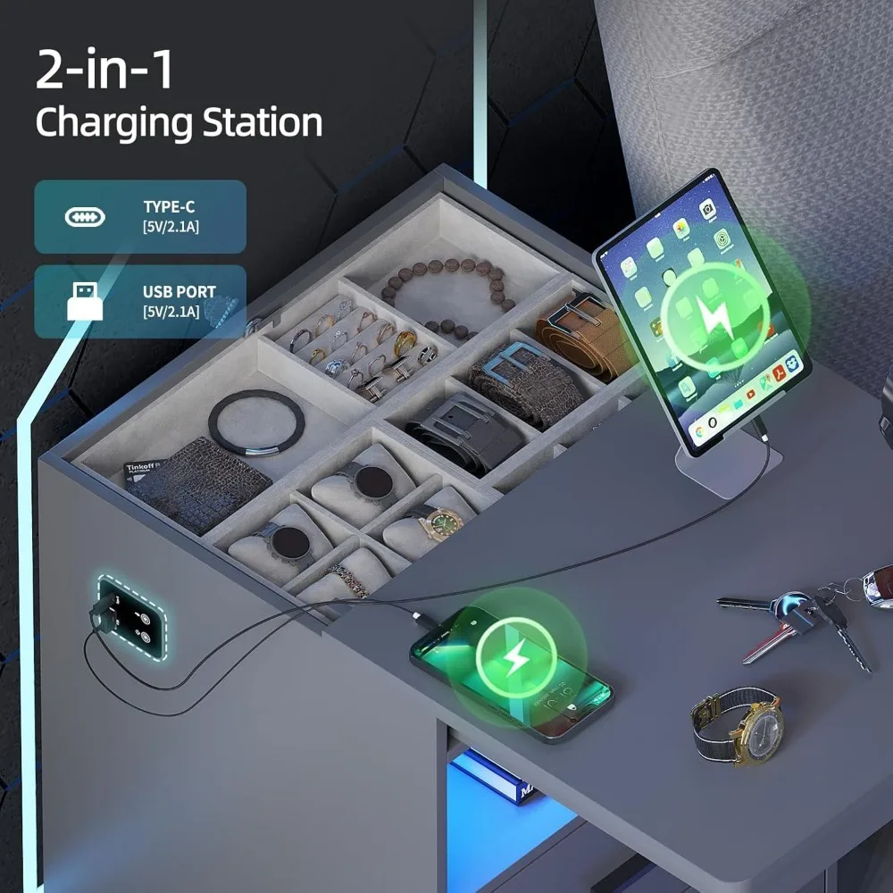 LED Nightstand with Gun Drawer, Modern Beside Table with Charging Station, Auto Sensor 3 Color Dimmable Night Stand