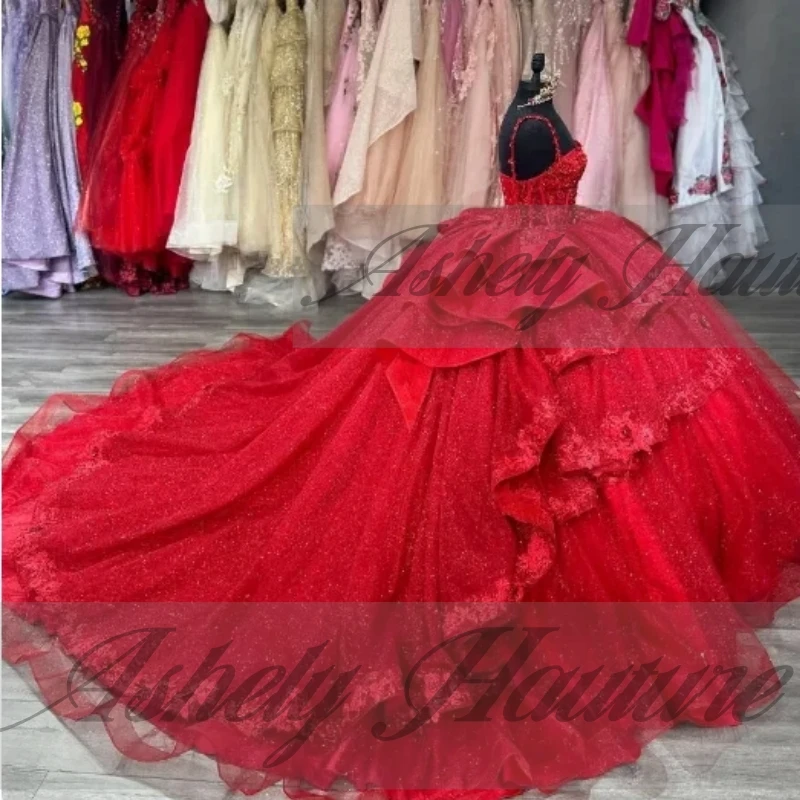 Customized Glitter Red Quinceanera Dresses Flowers Applique Ruffles Vestidos De 15 Anos Birthday Party Prom Special Occasion New