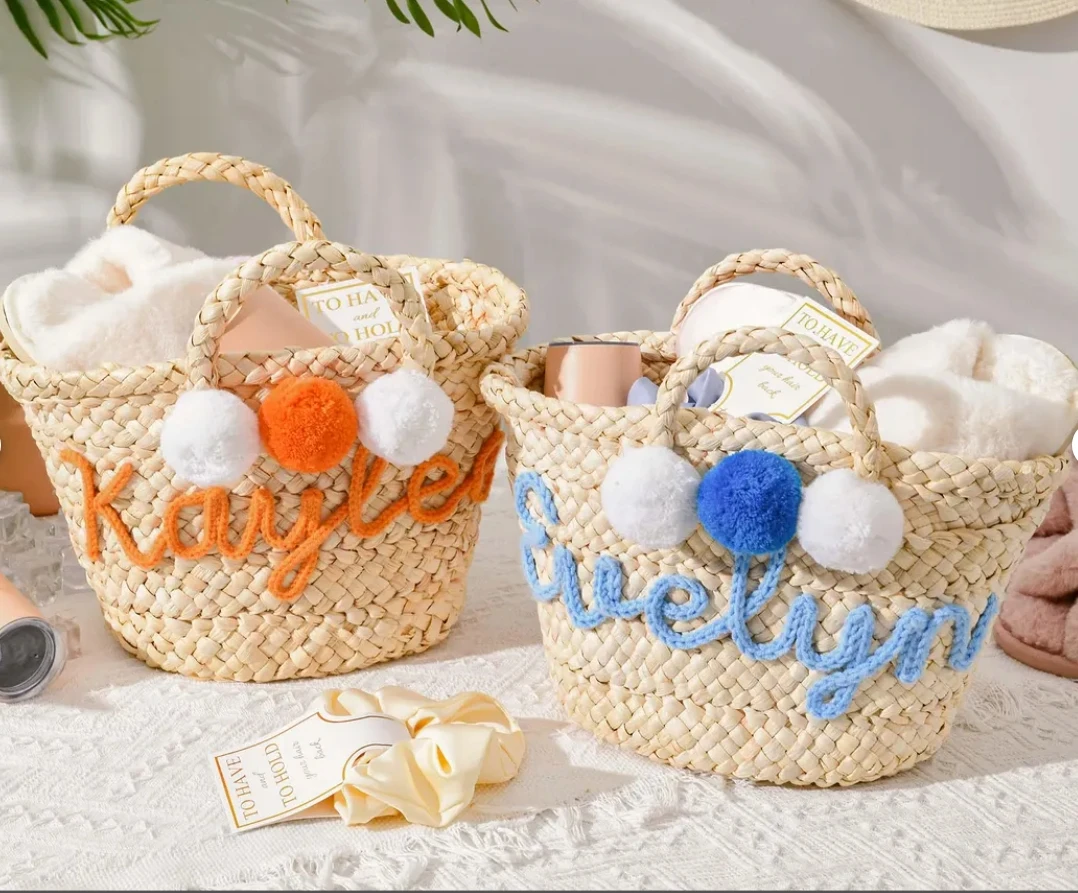 Personalized Easter Rope-Embroidered Basket With Colorful balls Egg Hunting Party 2025 New Woven Tote Bags Hand-made Mini bags