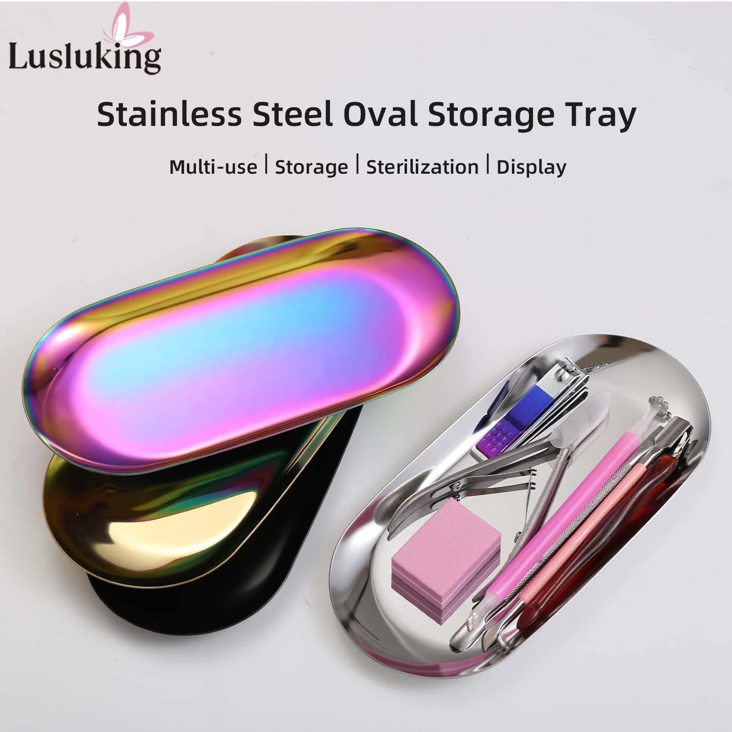 Premium Stainless Steel Manicure Sanitization Tray Multi-Use Nail Care Storage Jewelry Cosmetic Organizer Nail Disinfection Tray