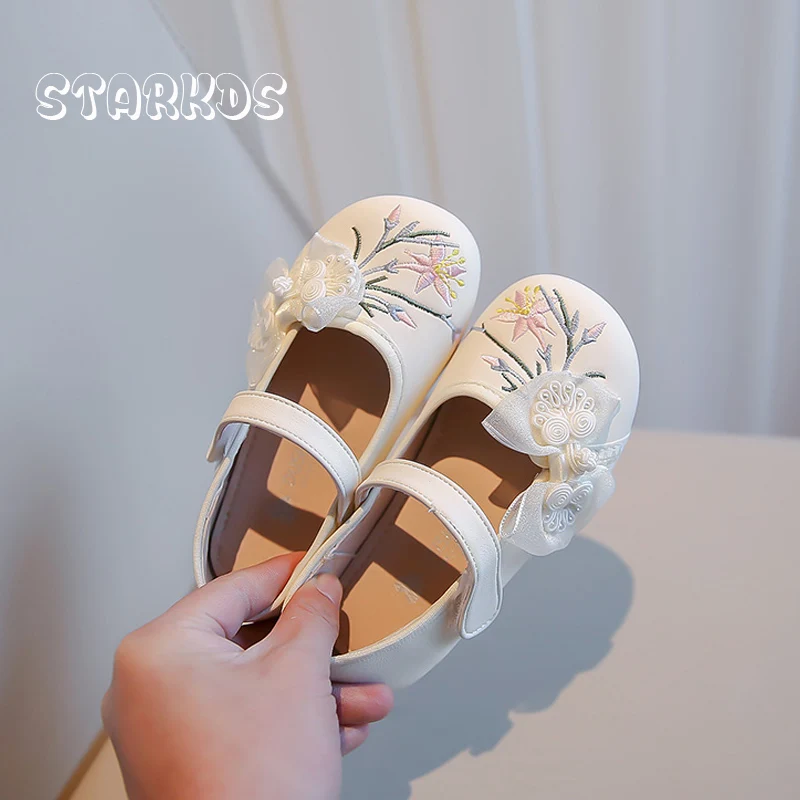 Chinoiserie Floral Embroider Ballet Flats Girls  Lace Bowknot Mary Jane Zapatos Kids Retro Hanfu Shoes In Pink Green Color