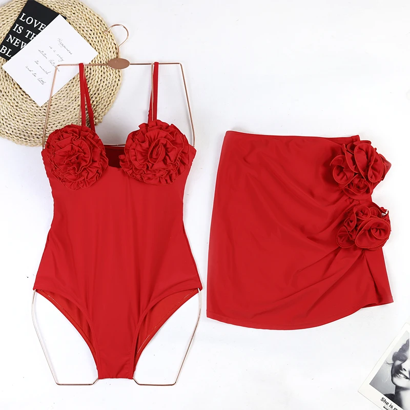 MUOLUX 2024 Sexy 3D Flower One Piece Swimwear Skirt Women Vintage Push Up Swimsuit Solid Red Beachwear Summer Bathing Suit Dress