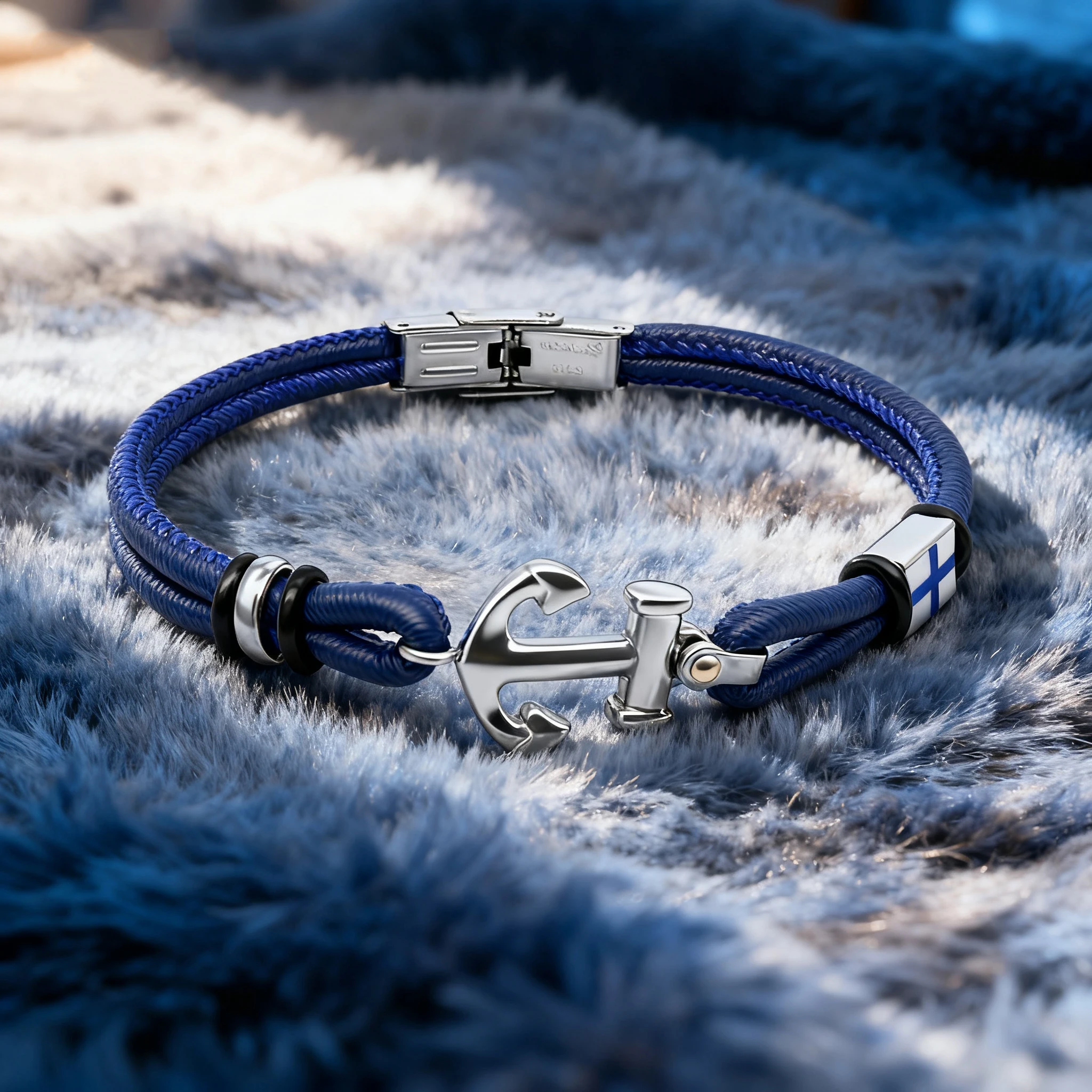 Runda Men's Leather Bracelet 22cm Adjustable Size with Stainless Steel Anchor Detail Blue Chain Accents