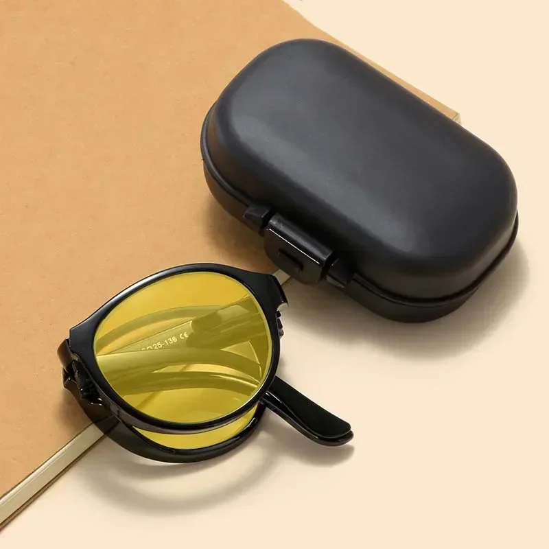 Foldable Night Vision Glasses with Box for Men Women Round Ultralight Blue Light Blocking Eye Protection Eyewear for Driving Car