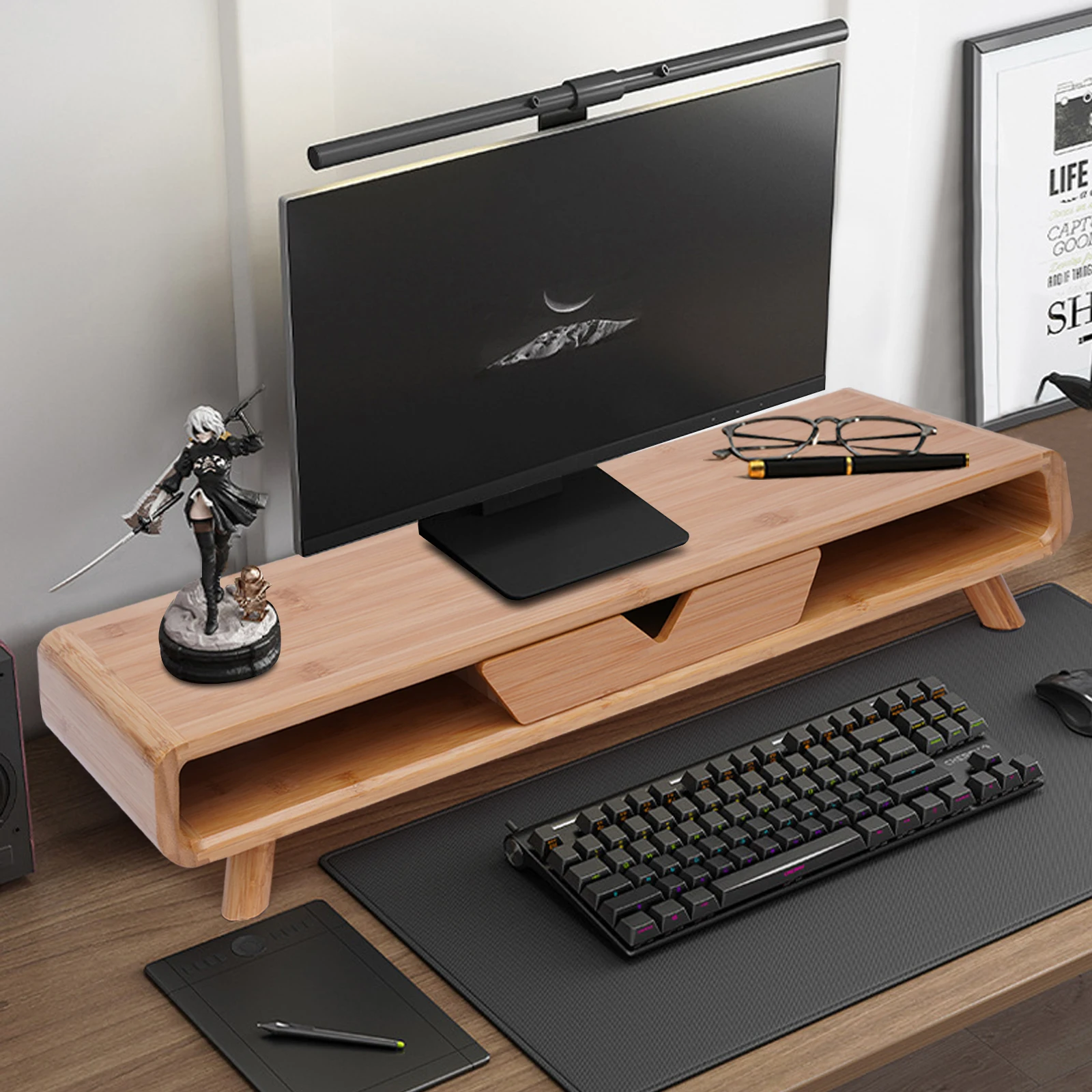 2-Tiers Bamboe Monitor Stand Riser Desk Organizer Laptop Stand Desktop Bamboe Hout Monitor Stand