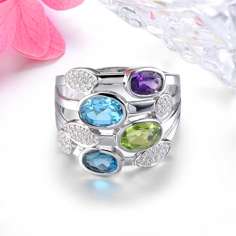 

Natural Blue Topaz Peridot Amethyst 925 Solid Silver Rings Genuine Multicolor Gemstone Women Fine Anniversary Gift