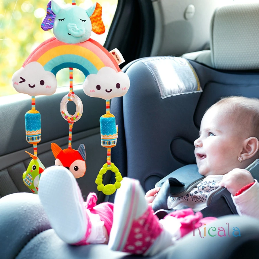 عربة أطفال بمقعد سيارة ألعاب معلقة من القطيفة جرس ملون خشخيشات حسية ناعمة للأطفال مع عضاضة هدية للطفل من عمر 0 إلى 12 شهرًا #3
