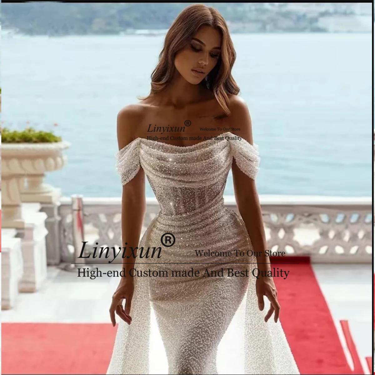 Fashion Sparkly Mermaid Wedding Dresses for Women Lace Squined Off Shoulder Bridal Gowns Detachable Train Vestido De Noiva