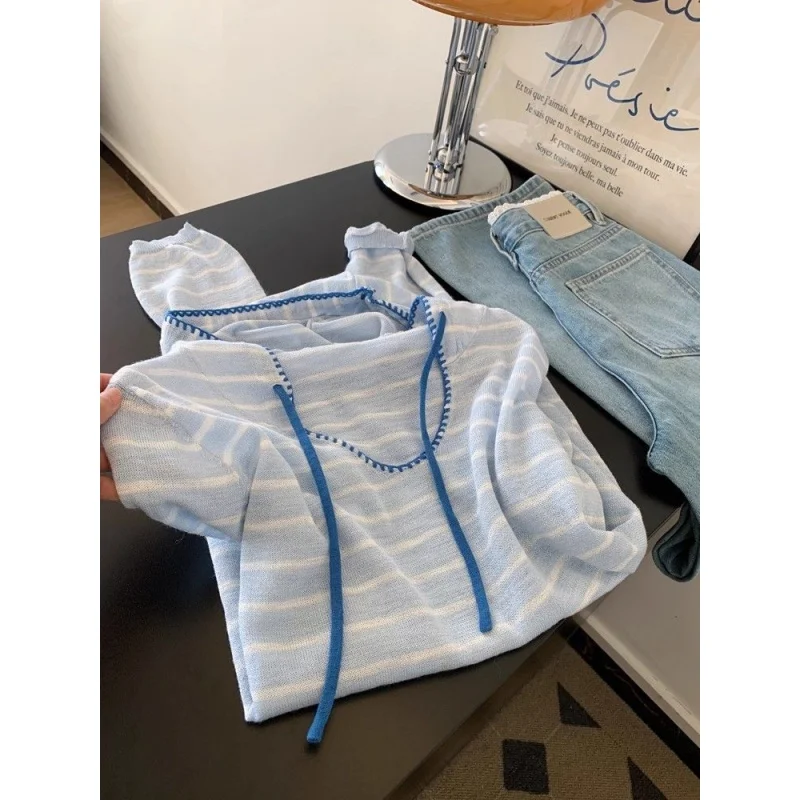 

Loose Korean Style Long Sleeve Knitted Shirt for Women Early Autumn Loose Fit Lazy Style Blue Stripes Thin Cotton Top