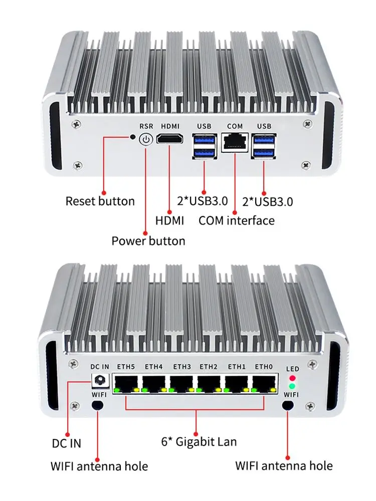 Celeron J4125 Computer industriale senza ventola incorporato RJ45 COM Core i5-10210U Mini server di sicurezza di rete 6xIntel i225 2.5G LAN