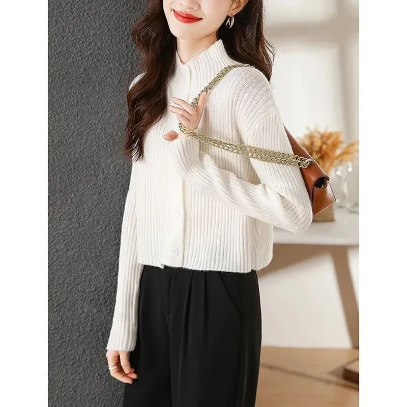 Autumn Winter New Women's Solid Color O-Neck Cardigan Coats Fashion Versatile Screw Thread Casual Long Sleeve Sweaters Tops