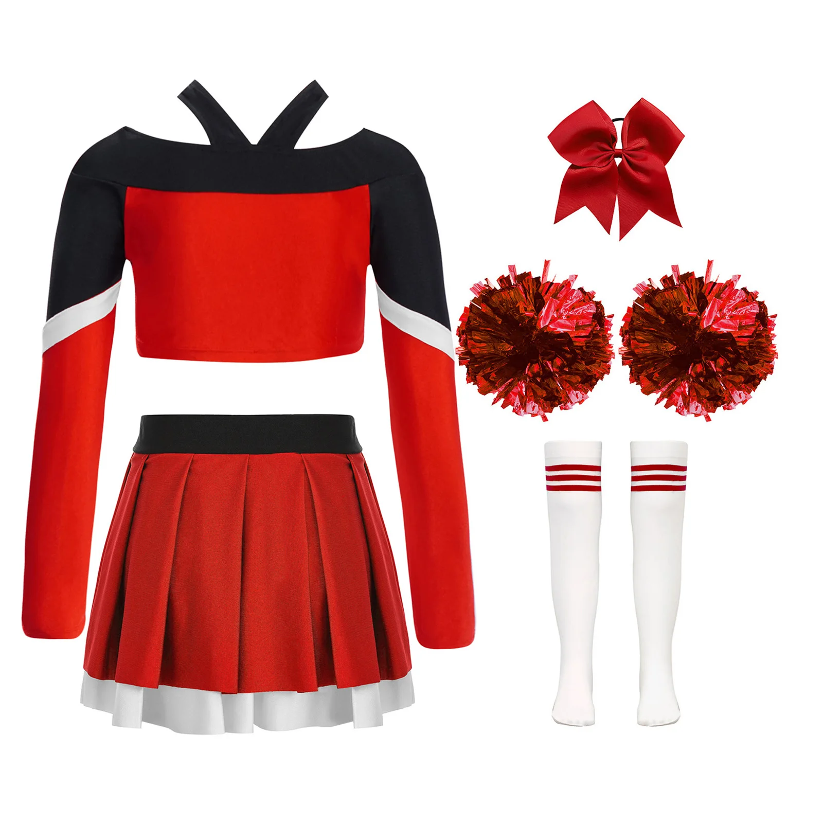Girl Cheerleading Costumes 4Pcs Outfits Long Sleeve Crop Top with Pleated Skirt Hand Flowers Socks Headwear Cheer Dance Uniform
