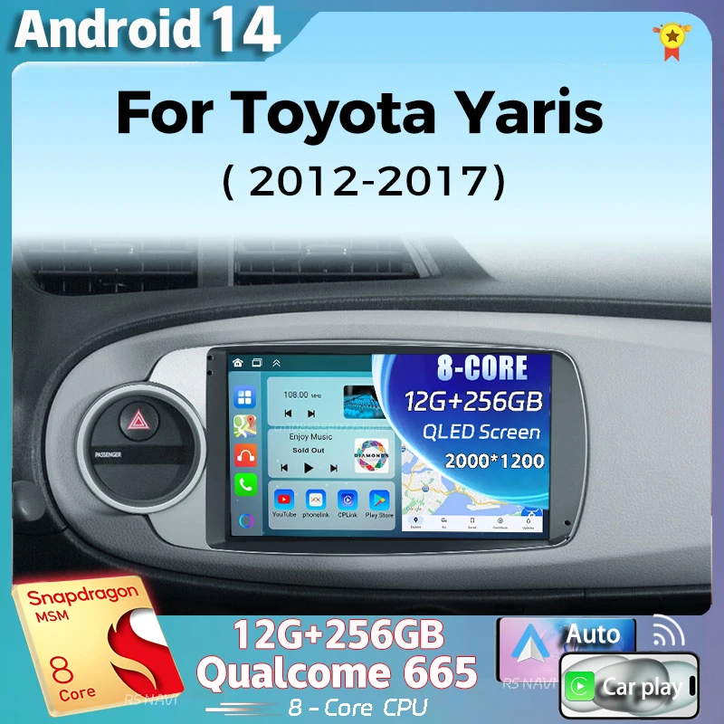 Android 14 dla Toyota Yaris 2012 2013 2014 2015 2016 2017 2K QLED Android Radio samochodowe Multimedialny odtwarzacz wideo GPS Stereo CarPlay