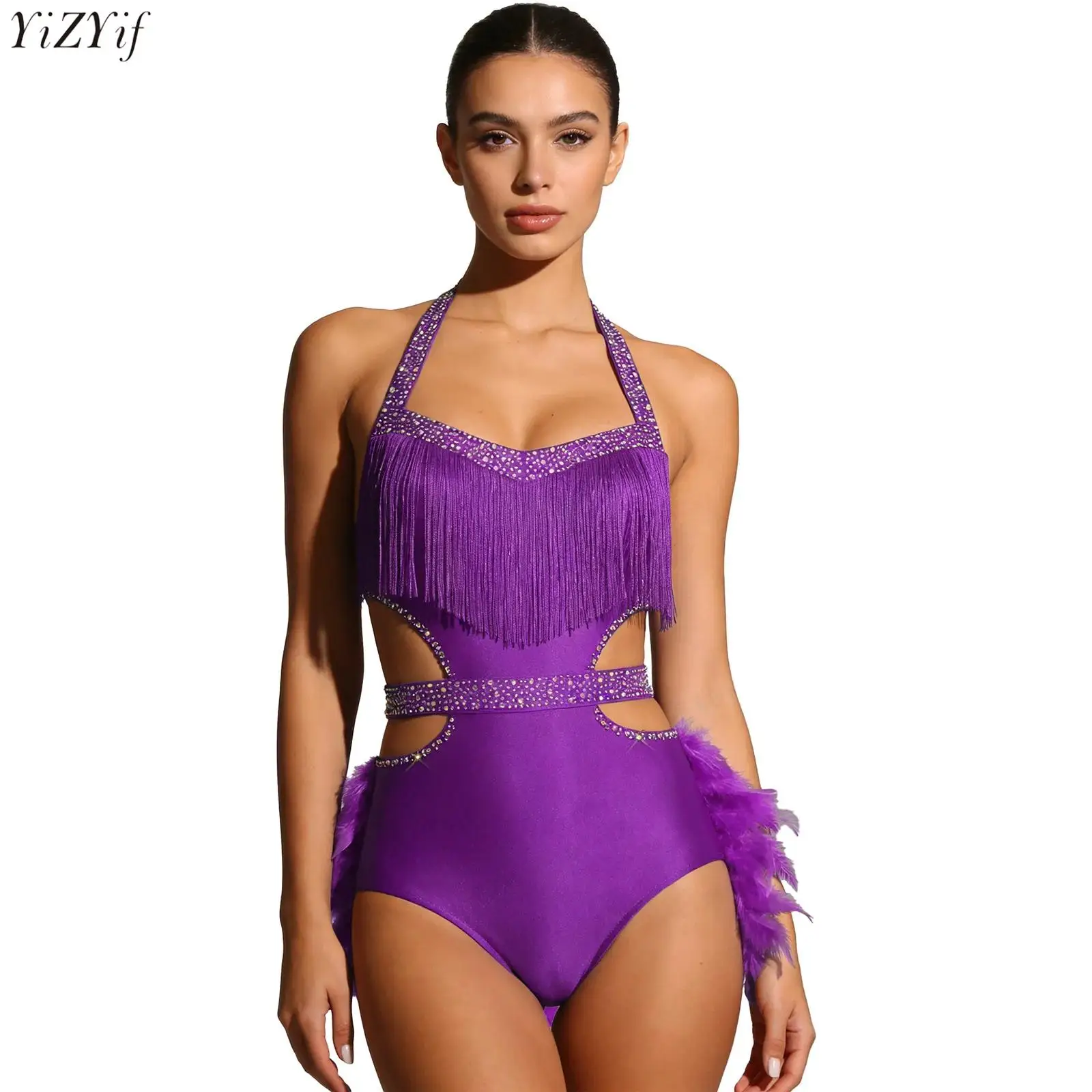 

Women's Glittery Rhinestones Latin Rumba Samba Dance Bodysuit Halter Backless Sleeveless Faux Feather Accents Leotard Jumpsuit