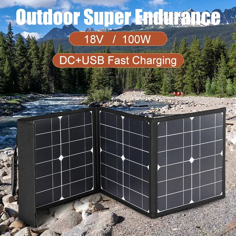 

DC+USB Fast Charge 18V 100W Foldable Solar Panel Portable Solars Battery Charger Power Bank for Phone Camping Van RV Outdoor