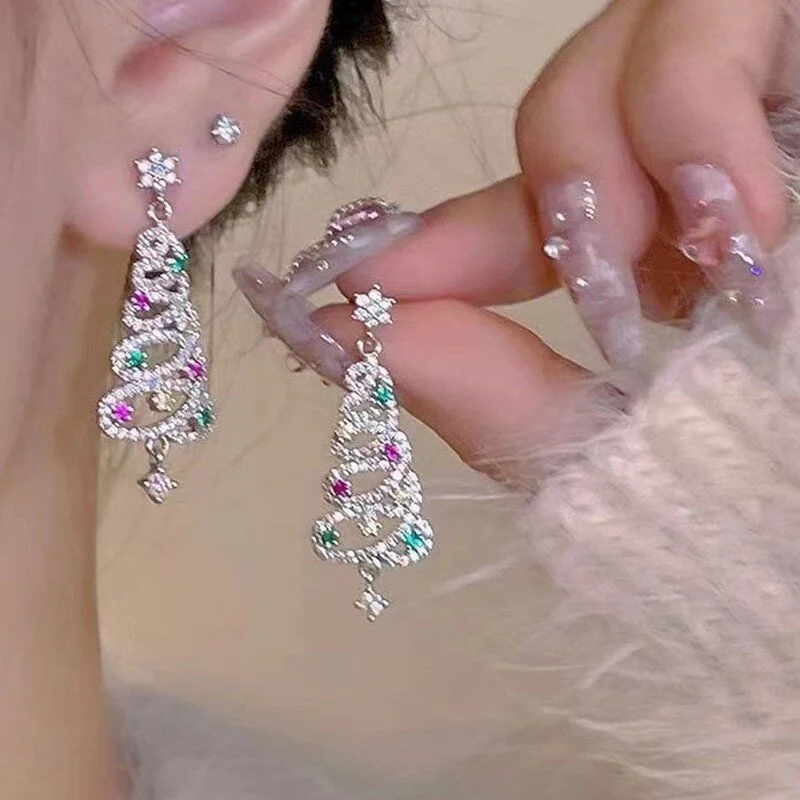 Fashion Christmas Tree Zircon Crystal Star Silver Color Earrings Stud Dangle Xmas Jewelry Women Party Gift