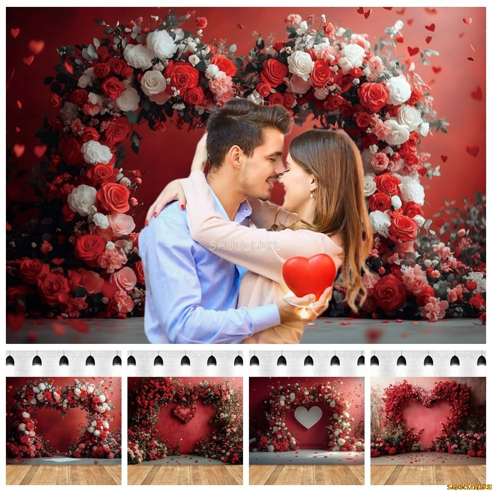 

Love Heart Rose Flowers Arch Backdrop February 14 Valentine's Day Couple Propose Wedding Portrait Photography Background Decor