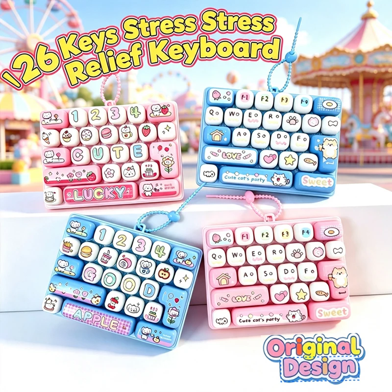 Hot Sell 26 Grid Keycap Clicker Anti Stress Fidget Keyboard Keychain Decompression Button Cartoon Hand Relax Party Favor Gifts