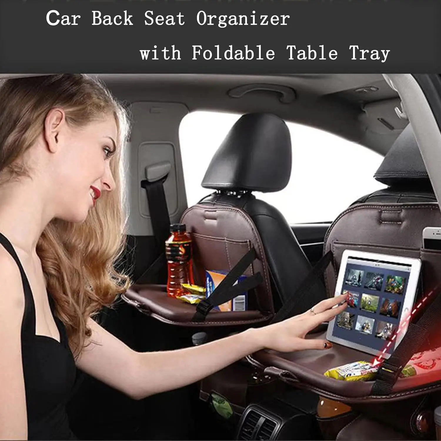 PU Leather Backseat Seat Organizer with Foldable Table, Multi-Storage Pockets and Adjustable Buckle Strap for Automobiles