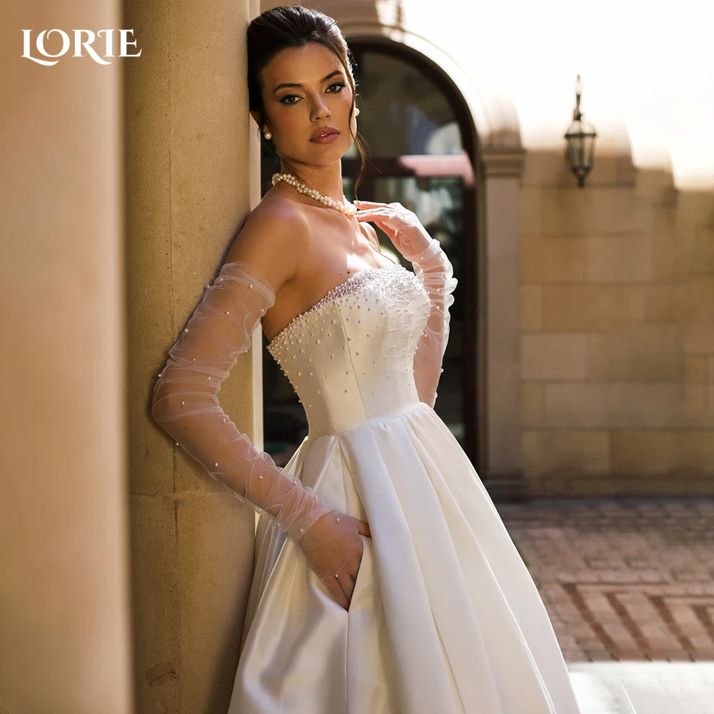 

LORIE Pearls Wedding Dress Strapless Satin Bridal Gown Customized A-Line Backless Bride Dress Princess Saudi Dress Dubai Pocket