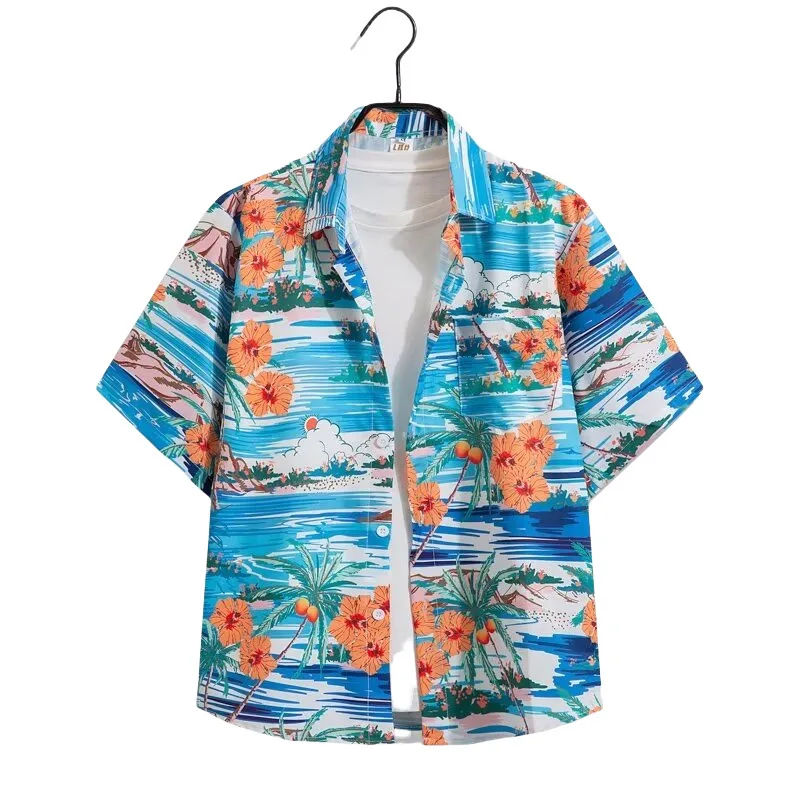 Summer Men's Beach Vacation Retro Hawaiian Seaside Short Sleeve Floral Shirt Loose Casual Handsome Half Sleeve Flower Shirt