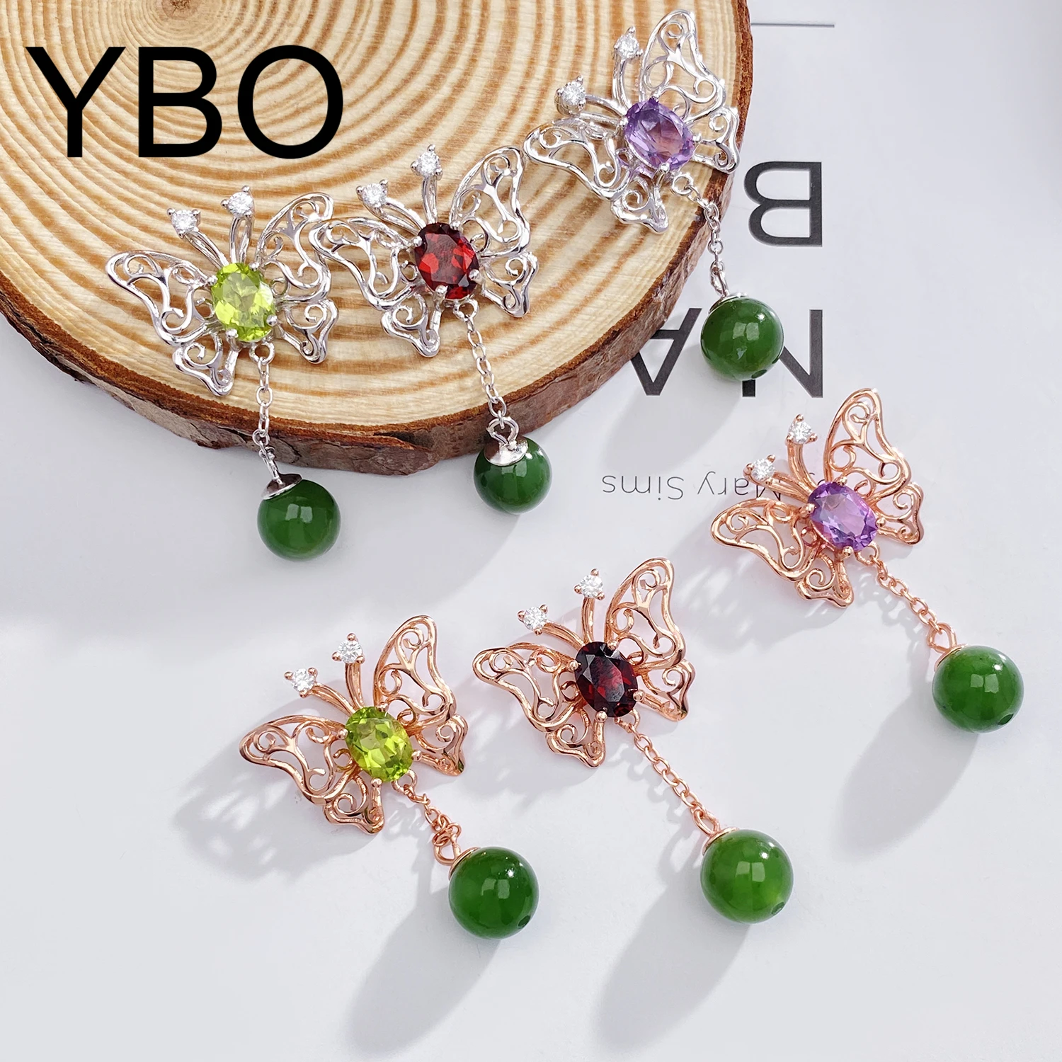 YBO Hollow Out Butterfly Pendants Natural Gemstone Amethyst Peridot Garnet Jasper Necklaces 925 Sterling Silver Clavicle Chains