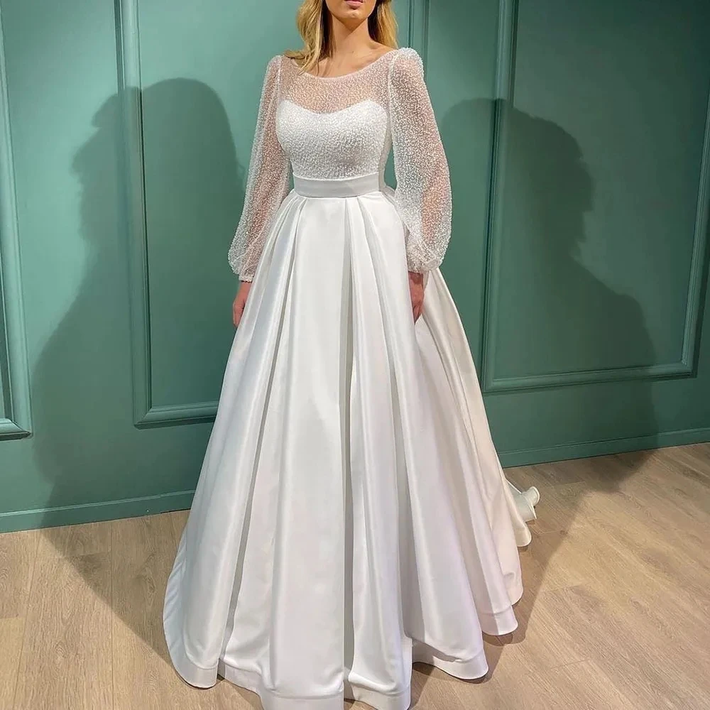 Robe de mariée trapèze blanche avec paillettes pour femme, robe de mariée formelle, longueur au sol, manches longues, simple, nouveau, 2024