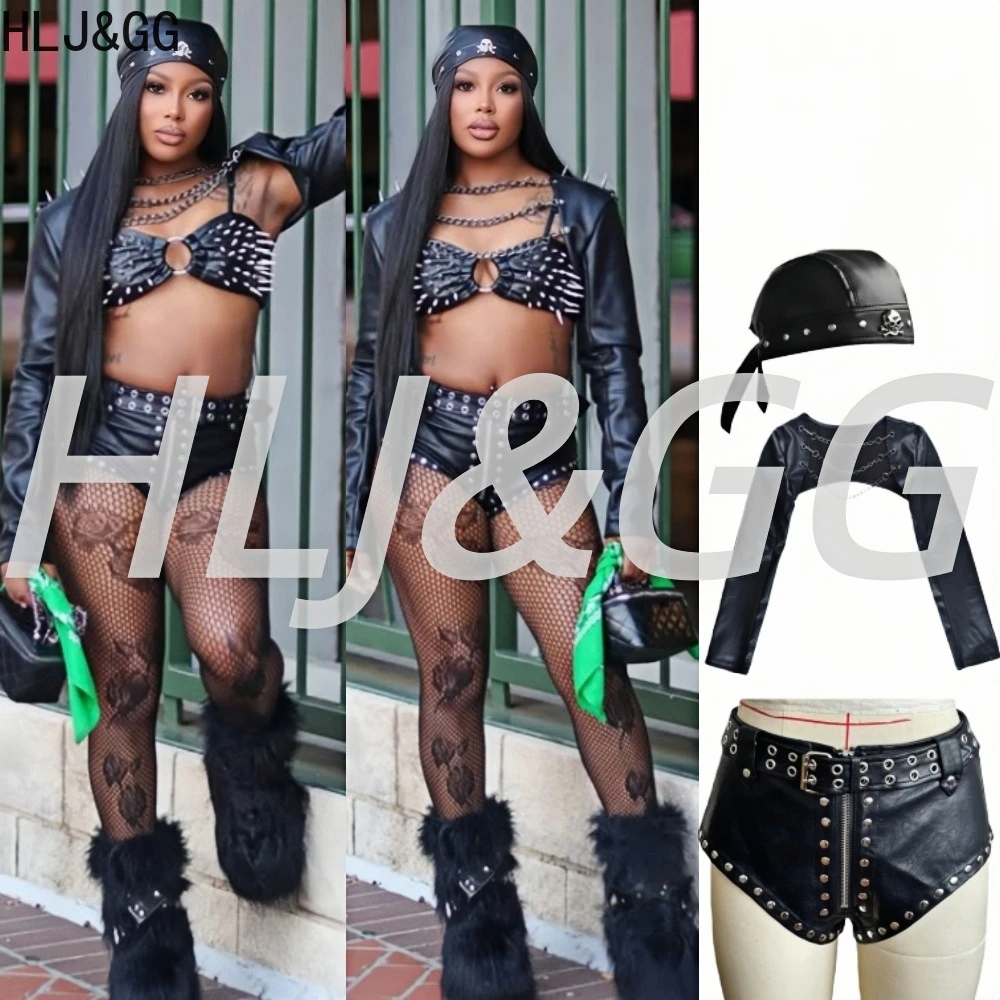 

HLJ&GG Black Sexy Leather Punk Chain Hollow Streetwear Women Long Sleeve Crop Top And Shorts Two Piece Sets Fashion 2pcs Outfits