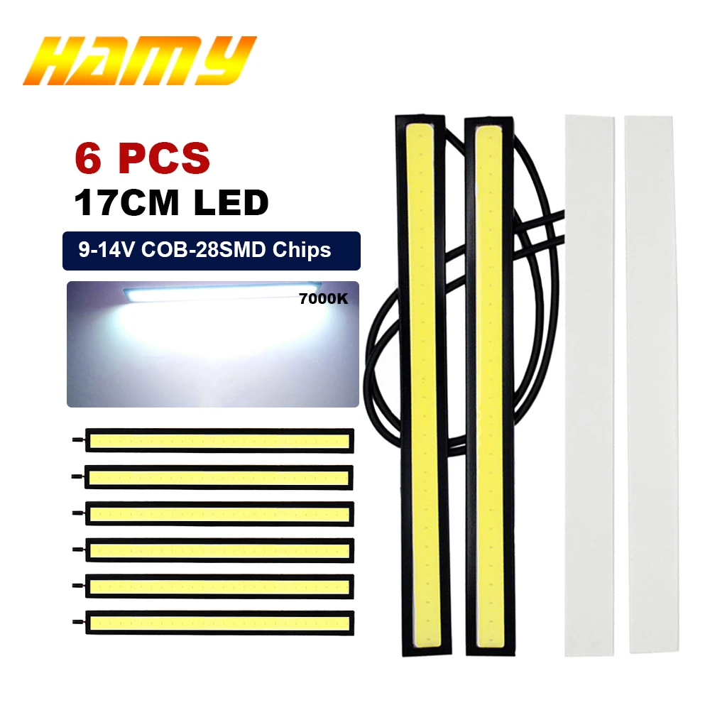 6 PCS 17CM Car LED Light  COB DRL Driving Daytime Running Lights 12V 7000K White Bar Aluminum Stripes Panel Car Working Lights