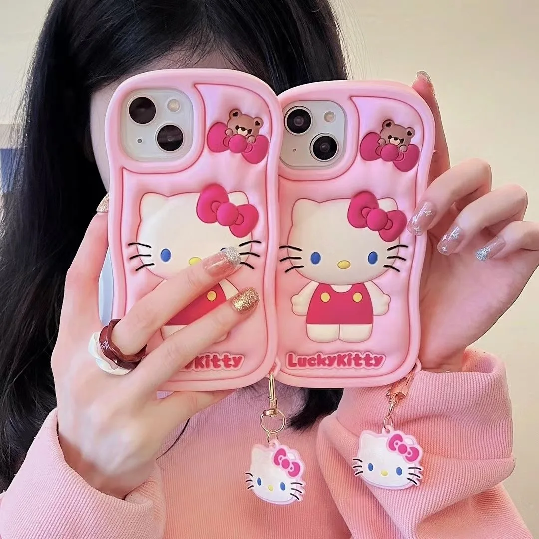 3D Cartoon Cute Hello Kitty With pendant Phone Case For iPhone 15 14 13 12 11 Pro Max Silicone Soft Back Cover Y2k Girl Gift