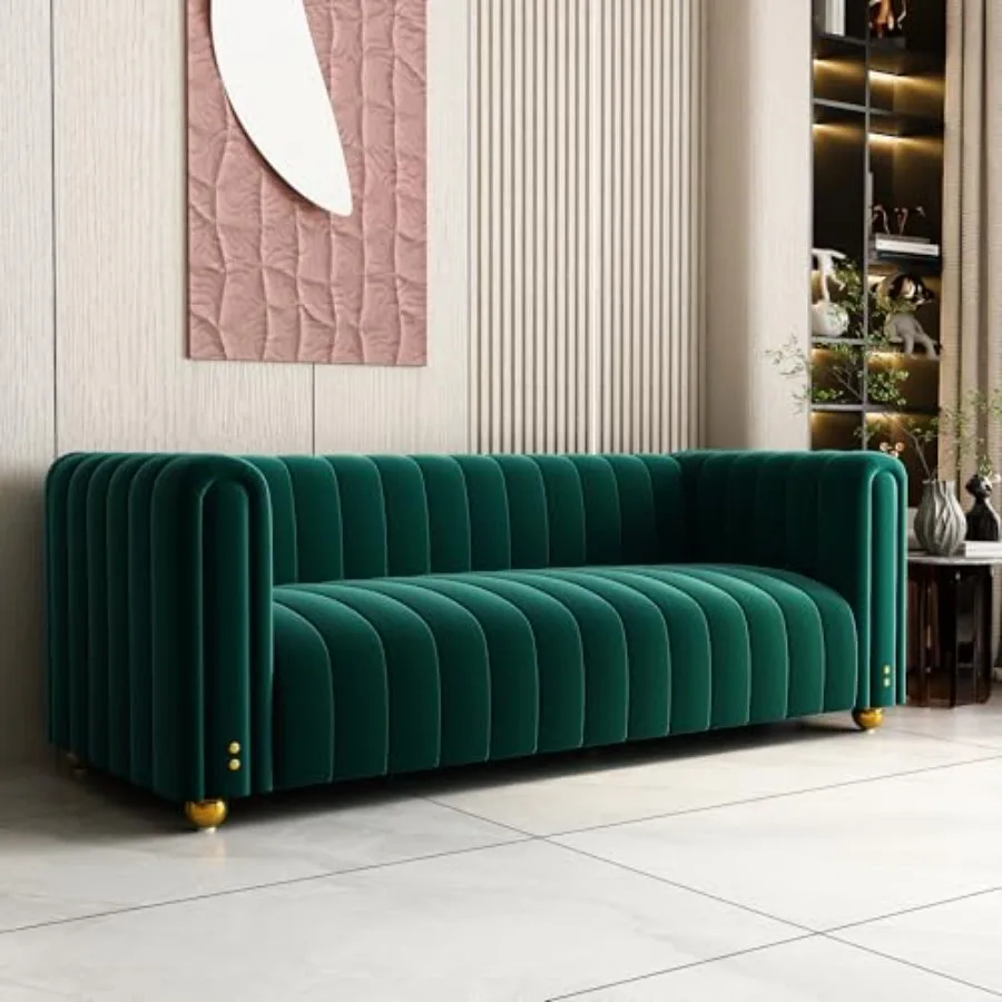 

81" Green Velvet Couch Modern Sofa Comfy Living Room Couches Featuring Solid Wood Frame and Golden Metal Legs Suitable for Hote