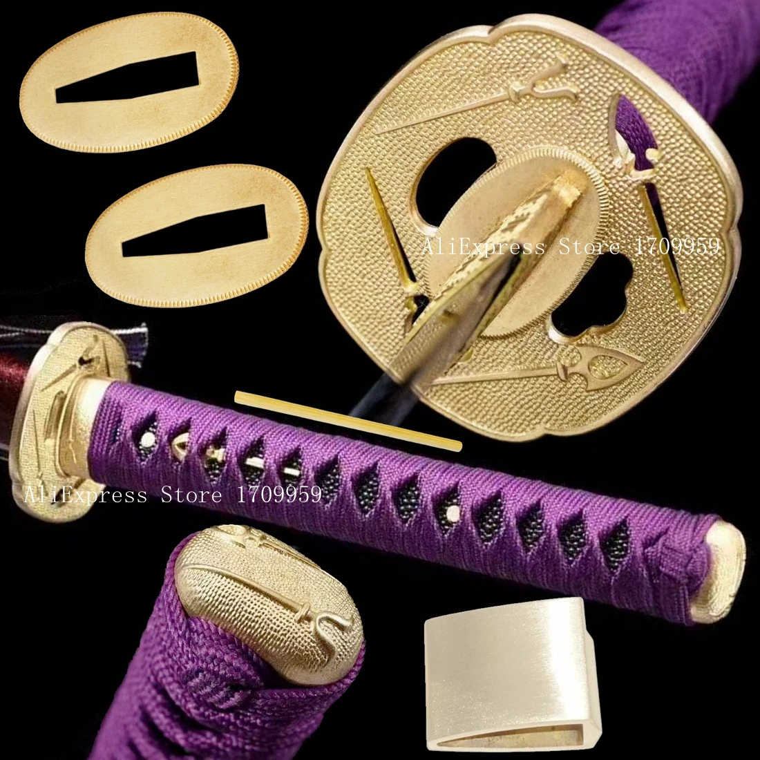26cm Handle Purple Ito Tsuka Brass Sword Guard Fittings For Japanese Samurai Katana Set Tsuba+Menuki+Fuchi+Kashira+Habaki+Seppa