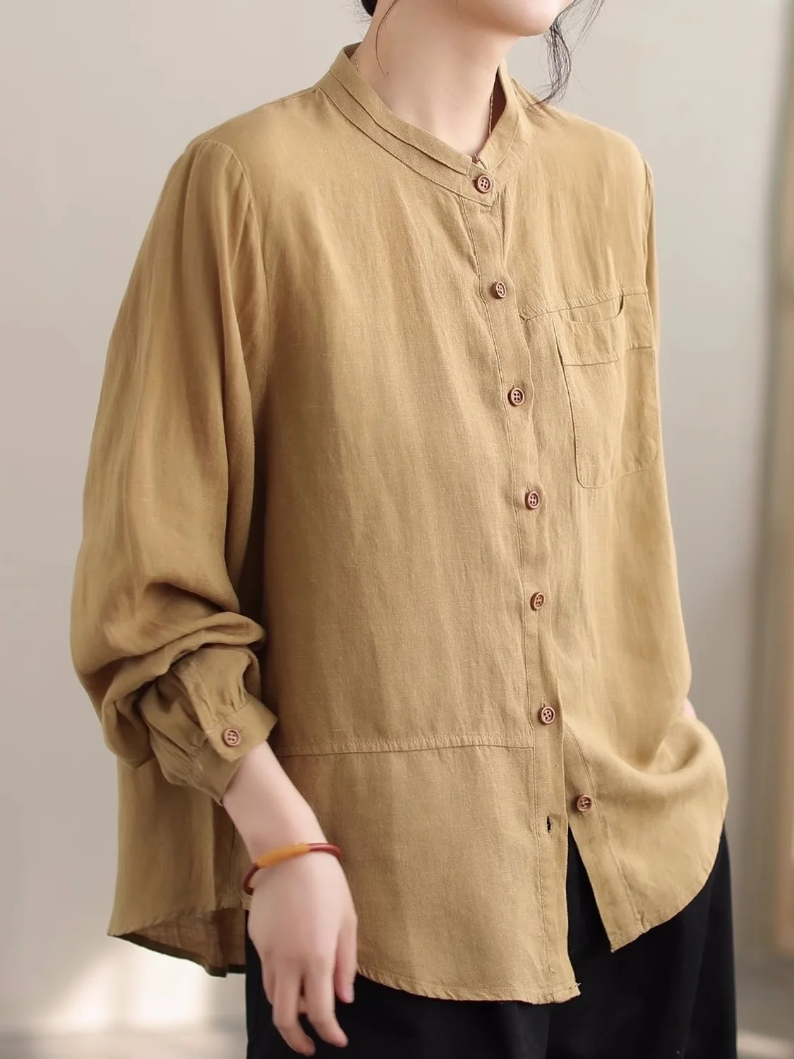 Retro Lniany Casualowy Jednolity Kolor Luźny Uniwersalny Damski Irt Odmładzający Jesienna Kolekcja Wygodny Krój Klasyczny Design