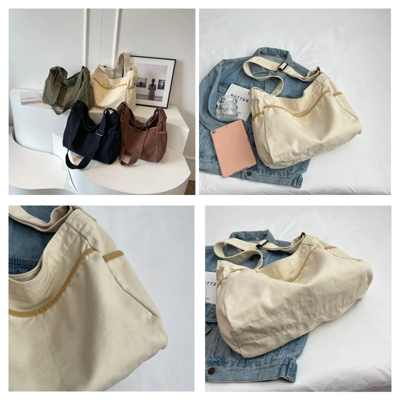 Big Canvas Women's Bag Zipper Eco Bag Korean Shoulder Cross Bag School Shopping Messenger Bag Y2K Handbag Multi Pockets Casual