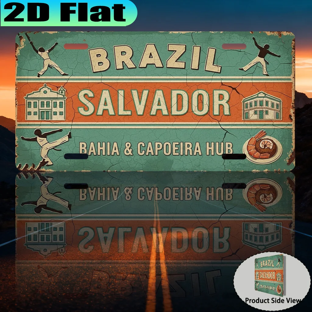 Placa de Alumínio Vintage 2D (12x6 Polegadas) de Salvador, Bahia, Brasil, para Fins Decorativos. Faz uma ótima impressão