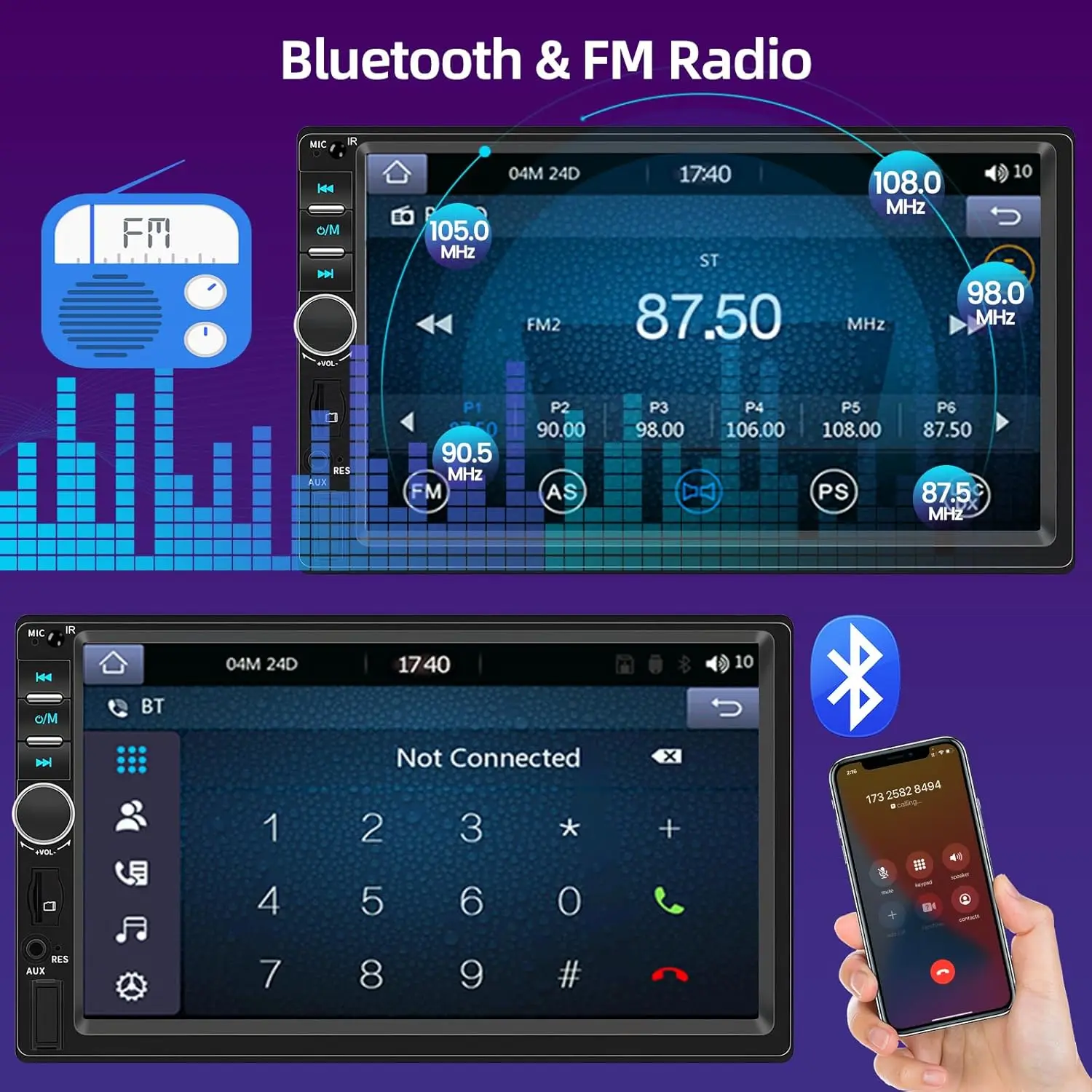 Estéreo para carro HD de 7' com CarPlay, Android Auto, câmera de backup, Bluetooth, rádio FM, USB/AUX