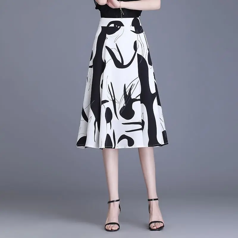 Womens Ruffle Sleeveless Solid Top And Abstract Face Print Midi A Line Skirt Two Piece Outfit