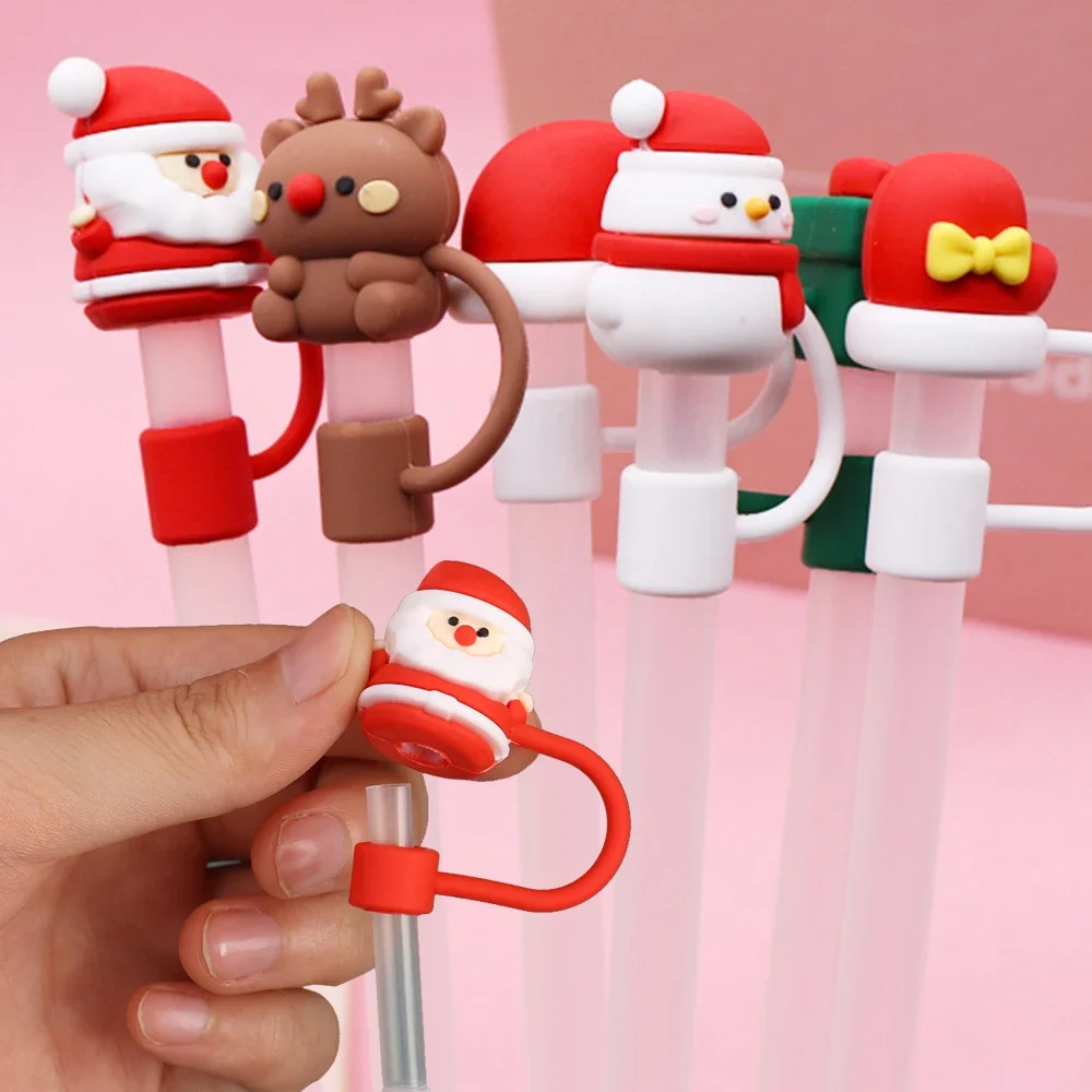 Silicone Straw Cover Christmas Cartoon Modeling Straw Plug Tips Cover Reusable Drinking Dust Cap Santa Snowman Party Decorations