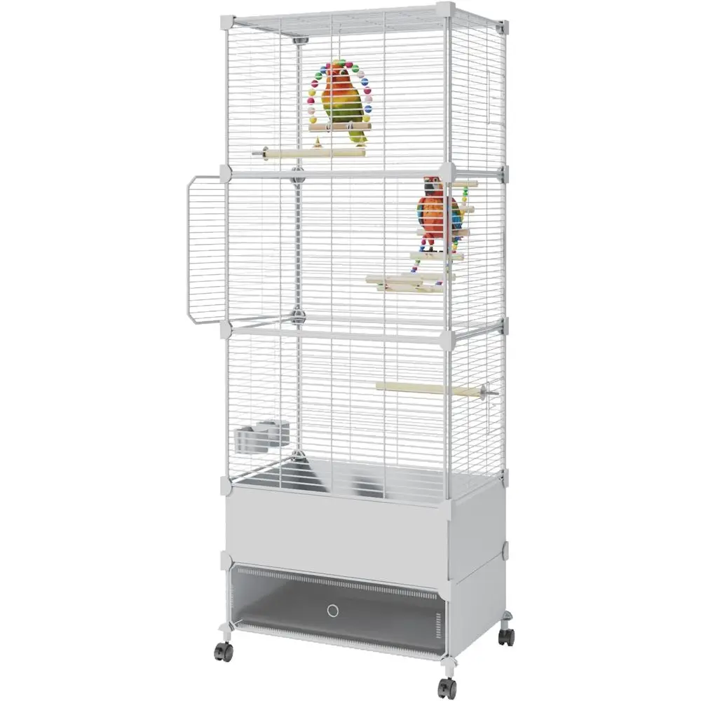 

Bird Cage ParaCage with Bird Toys & Slide-Out Tray, Wooden Perches, Rolling Stand, Swing & Bowls – Spacious Indoor Bird House or