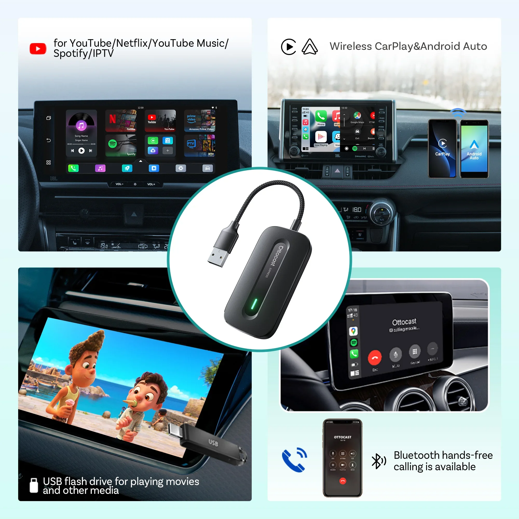 OTTOCAST Play2Video Express Wireless CarPlay Wireless Android Auto Adattatore per Youtube Netflix Riproduzione video Accessori per auto